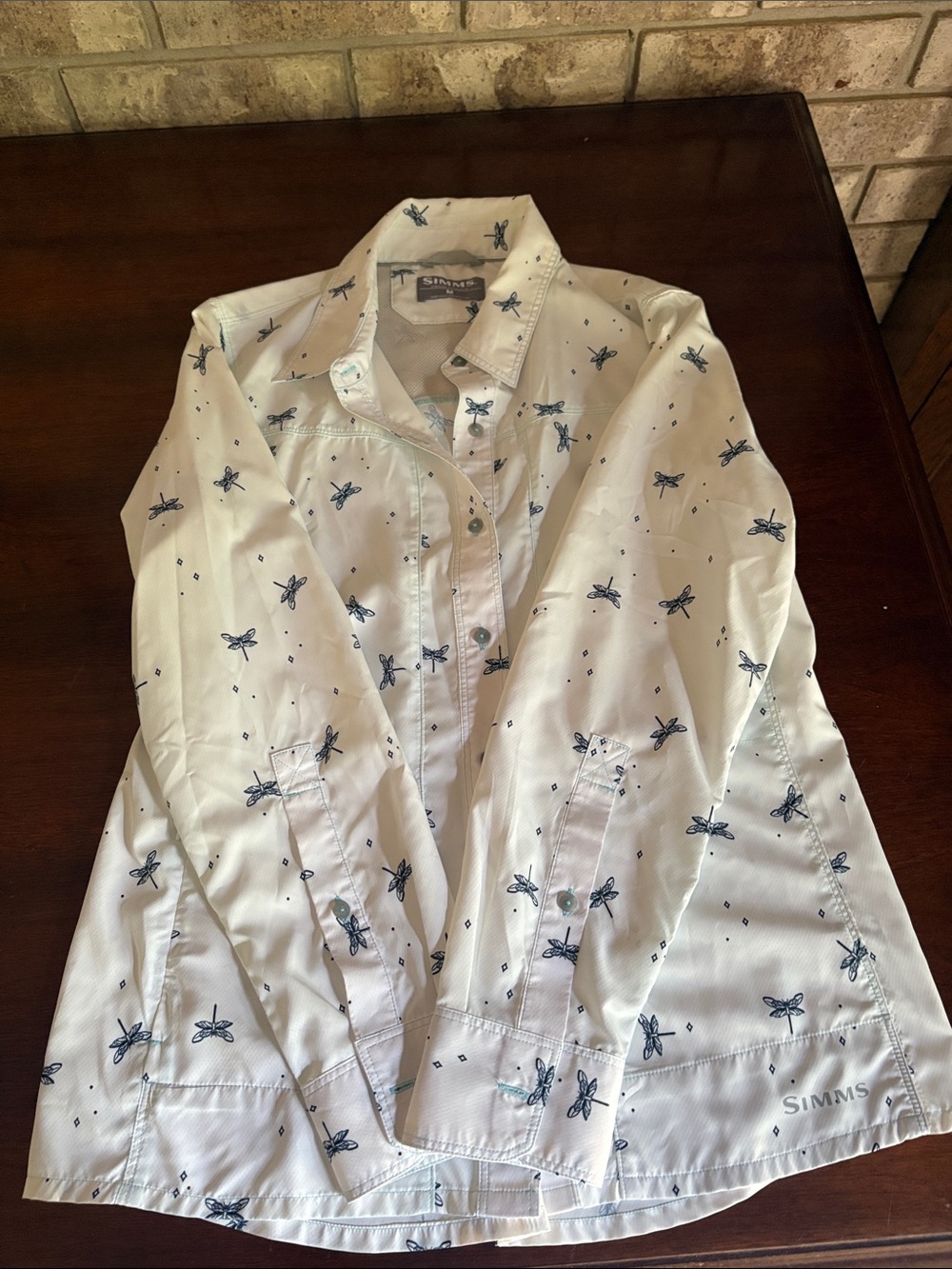 Simms White Long-Sleeve Shirt with Blue Dragonfly Print